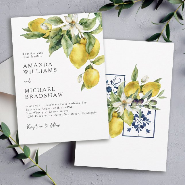 Convite Rustic Boho Watercolor Lemons Citrus Casamento (Available in both printed and digital download formats.)