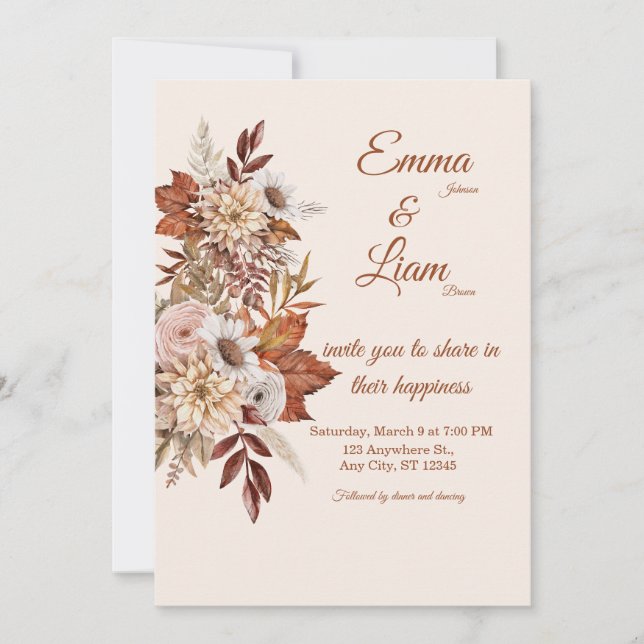 Convite Rustic Boho Wedding Invitation | Beige Floral Card (Frente)