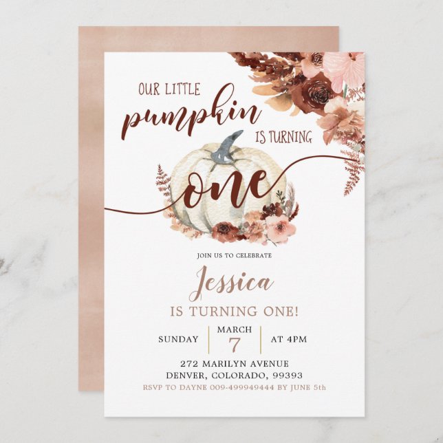 Convite Rustic Boho White Pumpkin Primeiro Aniversário (Frente/Verso)