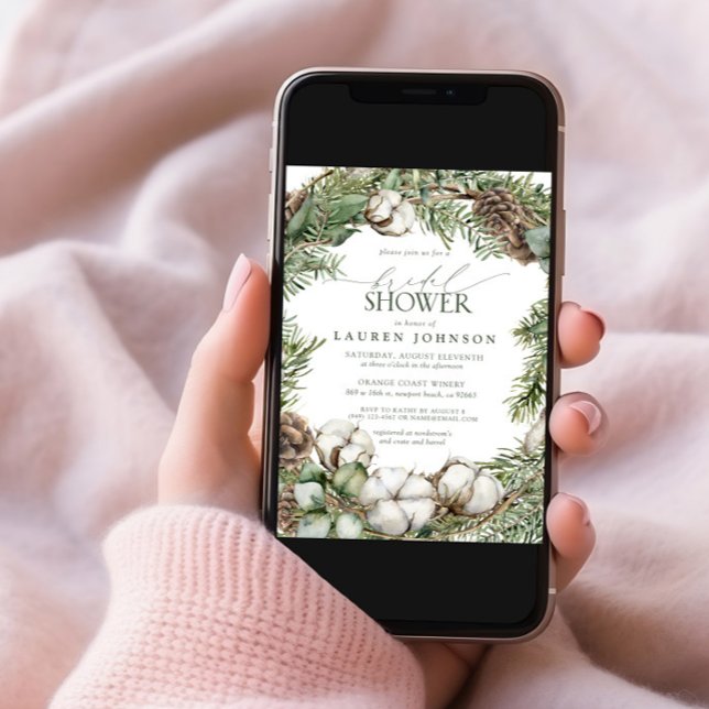 Convite Rustic Boho Winter Greenery Pinecone Chá de panela (Criador carregado)