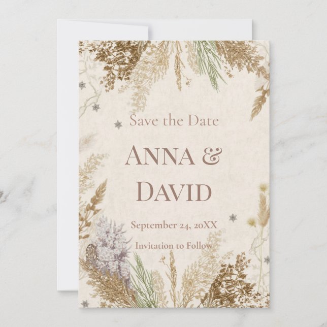 Convite Rustic Boho Winter Save the Date with Pampas Grass (Frente)