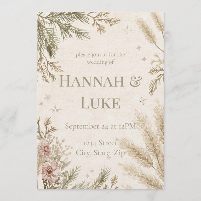 Convite Rustic Boho Winter Wedding Invitation with Snow (Frente)
