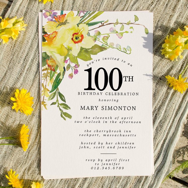 Convite Rustic Boho Yellow Daffodil 100º Aniversário (Criador carregado)