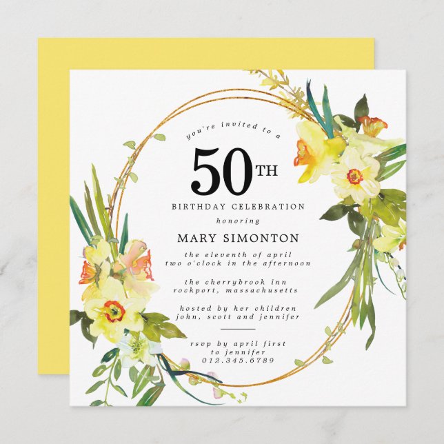 Convite Rustic Boho Yellow Daffodil 50º Aniversário (Frente/Verso)