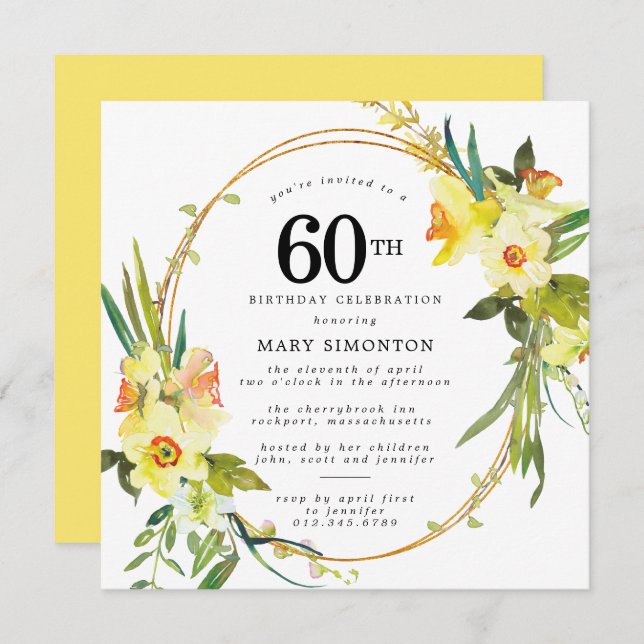 Convite Rustic Boho Yellow Daffodil 60º Aniversário (Frente/Verso)