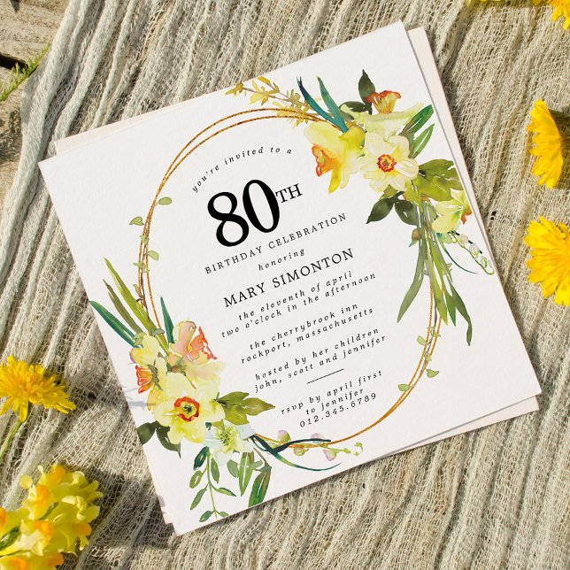 Convite Rustic Boho Yellow Daffodil 80 Aniversário (Criador carregado)