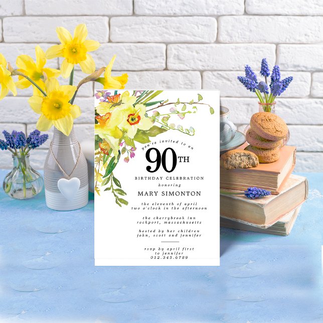 Convite Rustic Boho Yellow Daffodil 90 Aniversário (Criador carregado)
