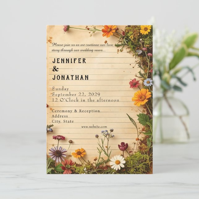 Convite Rustic Book Lovers Print Floral Wedding Invitation (Em pé/Frente)