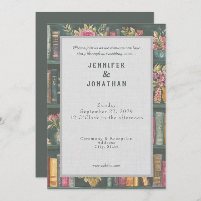 Convite Rustic Book Lovers Print Floral Wedding Invitation (Frente/Verso)