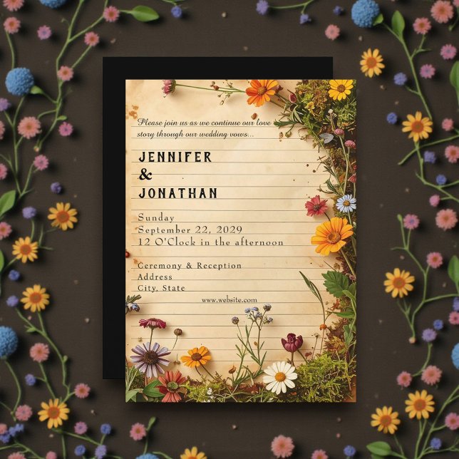 Convite Rustic Book Lovers Print Floral Wedding Invitation (Criador carregado)