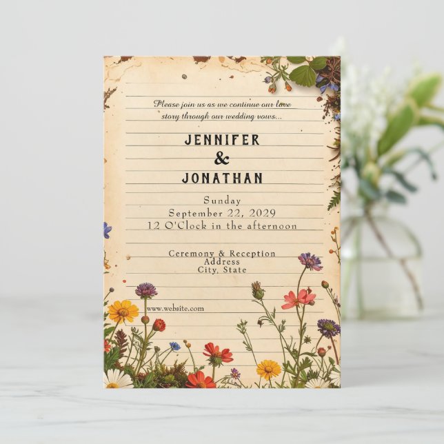 Convite Rustic Book Lovers Print Floral Wedding Invitation (Em pé/Frente)