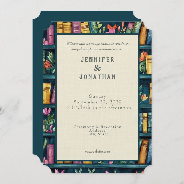 Convite Rustic Book Lovers Print Wedding Invitation (Frente/Verso)