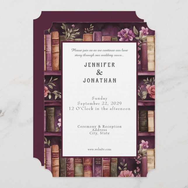 Convite Rustic Book Lovers Print Wedding Invitation (Frente/Verso)