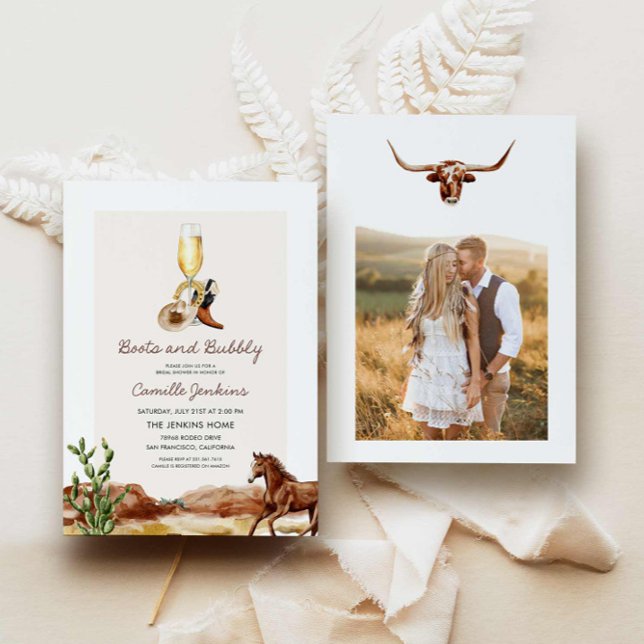Convite Rustic Boots and Bubble Country Chá de panela (Western Boots and Bubbly Country Bridal Shower Invitation)
