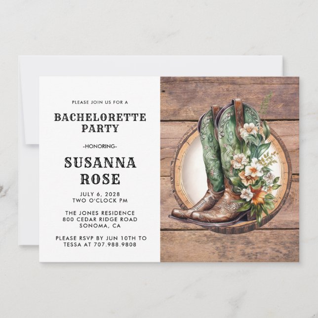 Convite Rustic Boots Bachelorette Party (Frente)