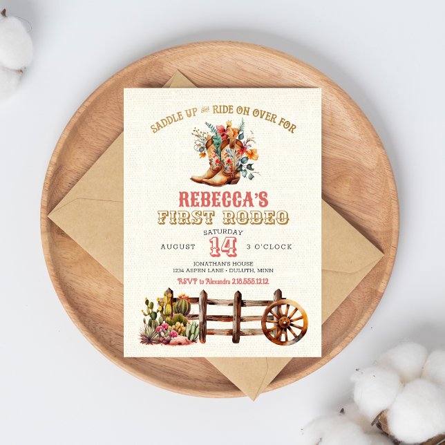 Convite Rustic Boots Cowgirl 1st Rodeo Birthday Invitation (Criador carregado)