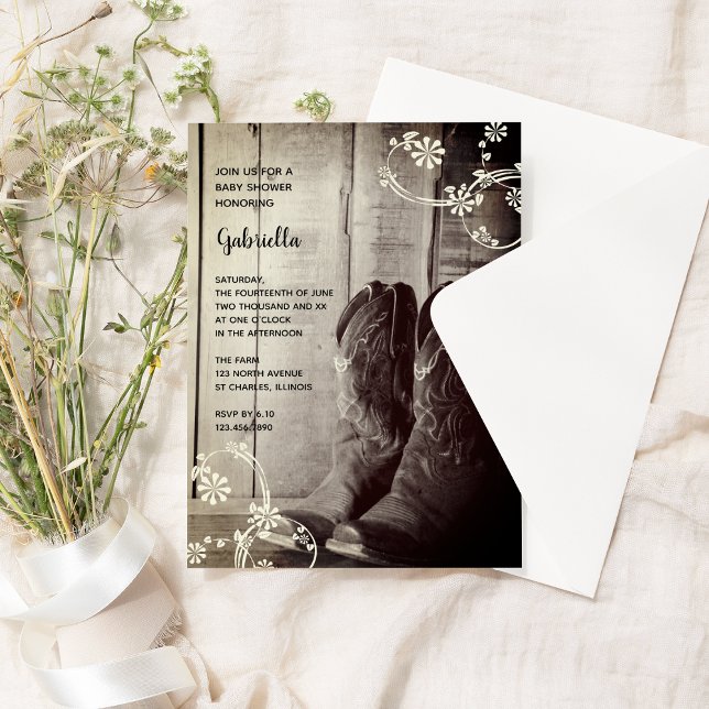 Convite Rustic Boots Flowers Country Western Chá de fralda (Criador carregado)