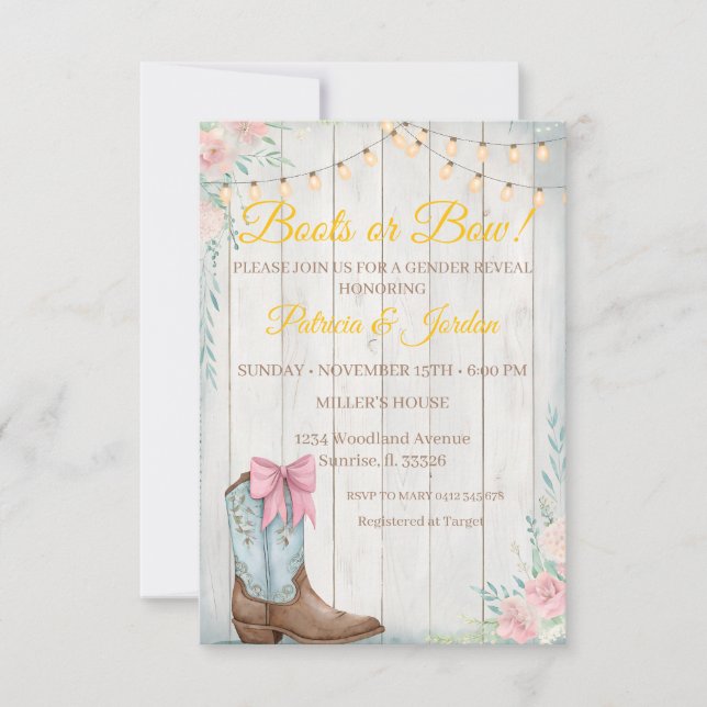 Convite Rustic Boots or Bows Gender Reveal  (Frente)