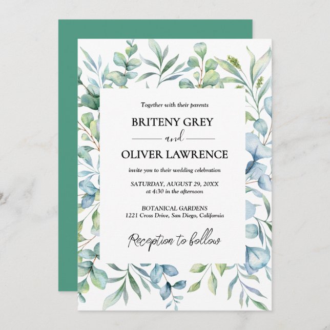 Convite Rustic Botanical Eucalyptus Greenery Wedding (Frente/Verso)