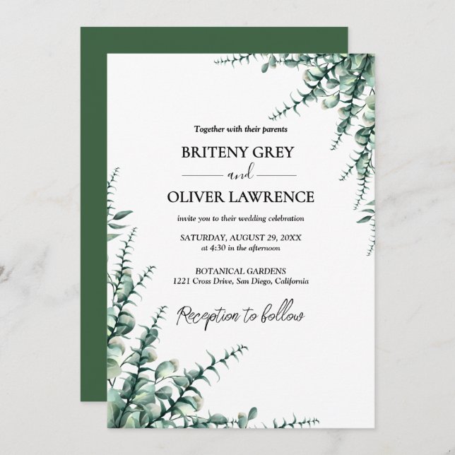 Convite Rustic Botanical Eucalyptus Greenery Wedding (Frente/Verso)