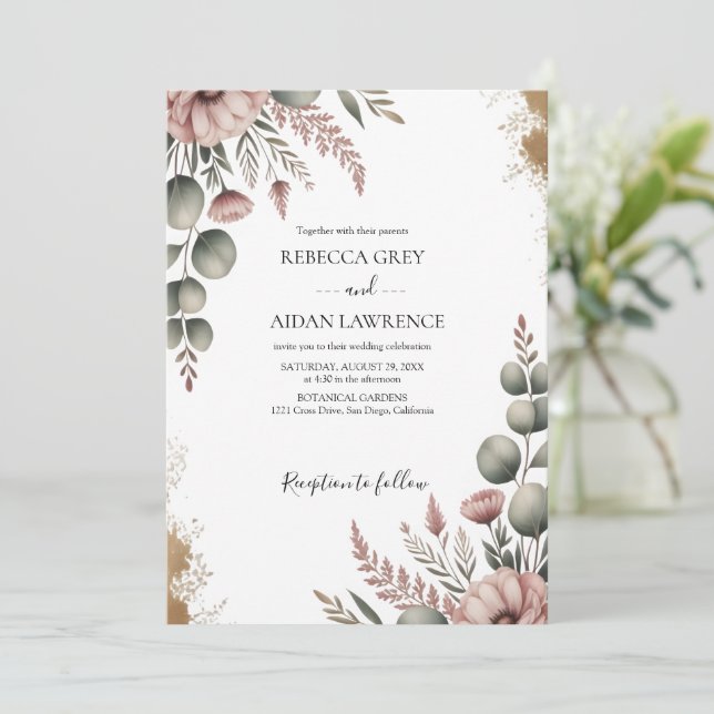 Convite Rustic Botanical Eucalyptus Greenery Wedding  (Em pé/Frente)