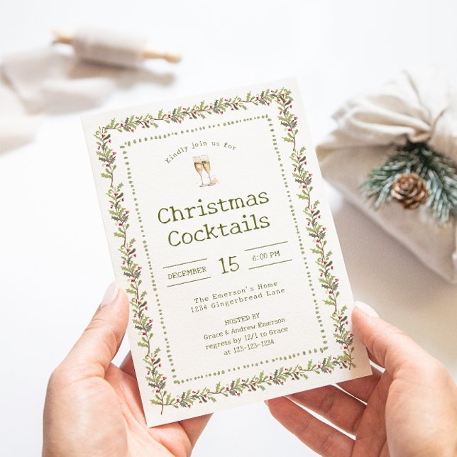 Convite Rustic Botanical Green Christmas Party Invitation (Rustic Botanical Green Holiday Christmas Party Cocktails Invitation by Painted Paperie
)