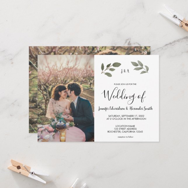 Convite Rustic botanical monogrammed photo Wedding (Frente/Verso In Situ)