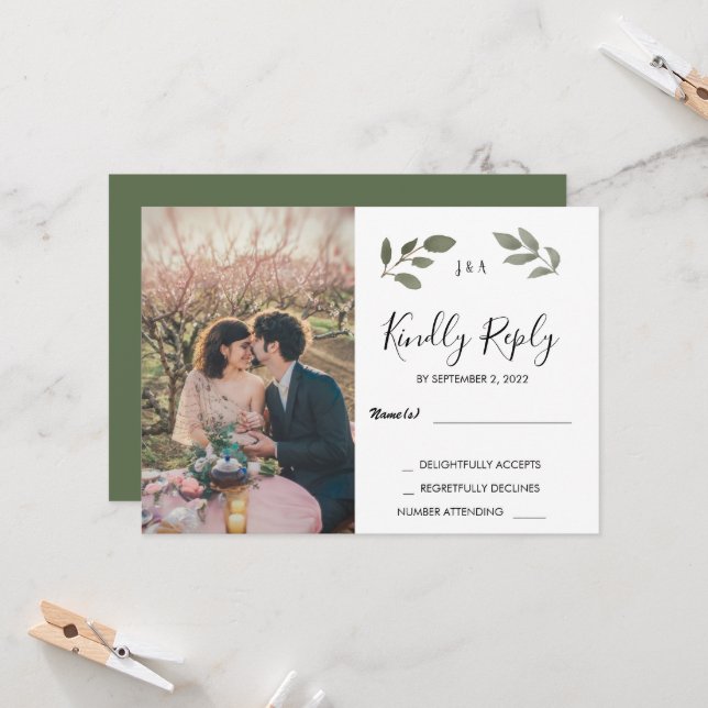 Convite Rustic botanical monogrammed photo Wedding RSVP (Frente/Verso In Situ)