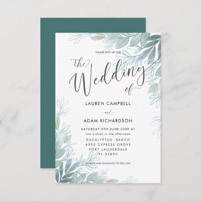 Convite Rustic Botanical Sage Green & Teal Wedding Invit (Frente/Verso)