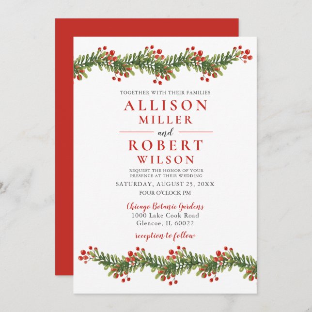 Convite Rustic Boughes of Holly Winter Christmas Wedding (Frente/Verso)