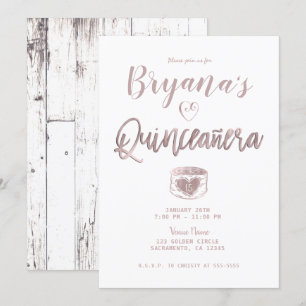 Convite Rustic Branco Madeira Rosa Dourado Rosa 15 Quincea