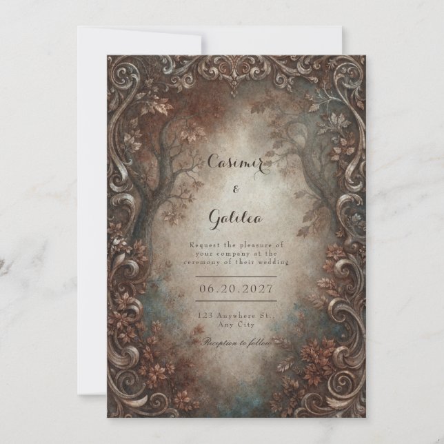 Convite Rustic Bronze Filigree Autumn Forest Wedding (Frente)