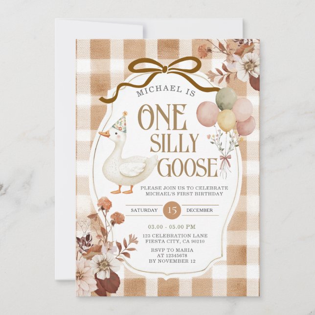 Convite Rustic Brown Gingham One Silly Goose Birthday  (Frente)