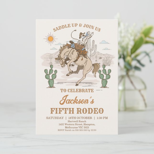 Convite Rustic Brown Green Bronco Cowboy Rodeo Birthday (Em pé/Frente)