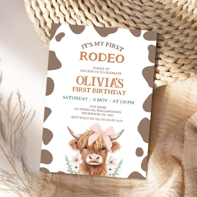 Convite Rustic Brown Highland Cow First Rodeo 1st Birthday (My First Rodeo Birthday Invitation, 1st Birthday Invitation Rodeo, Girl 1st Birthday Invitation )