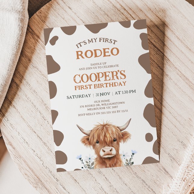 Convite Rustic Brown Highland Cow First Rodeo Birthday (First Rodeo First Birthday Invitation, Highland Cow 1st Birthday Invitation, Boy 1st Birthday Invite)