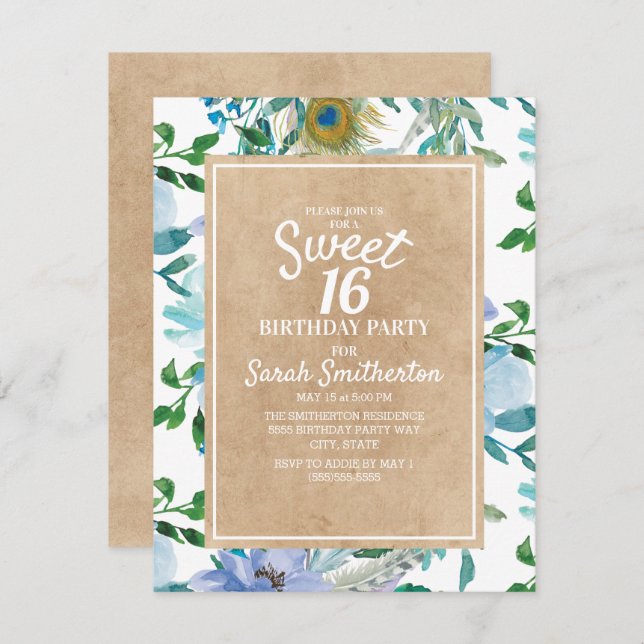 Convite Rustic Brown Kraft Blue Floral Sweet 16 (Frente/Verso)