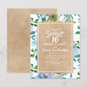 Convite Rustic Brown Kraft Blue Floral Sweet 16