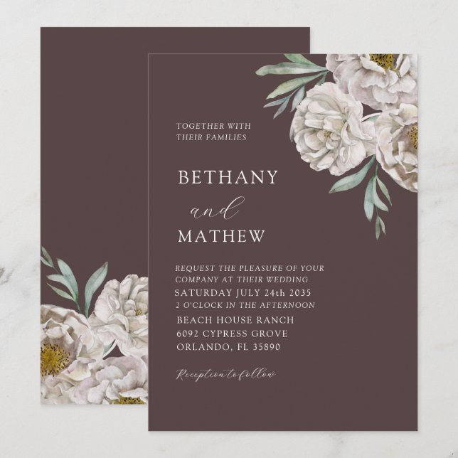 Convite Rustic Brown & Off White Floral Wedding (Frente/Verso)