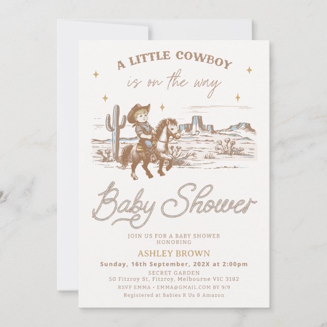 Convite Rustic Brown Western Little Cowboy Baby Shower (Frente)