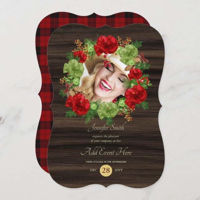 Convite Rustic Buffalo Xadrez PHOTO Wreath Modern ANY EVEN (Frente/Verso)