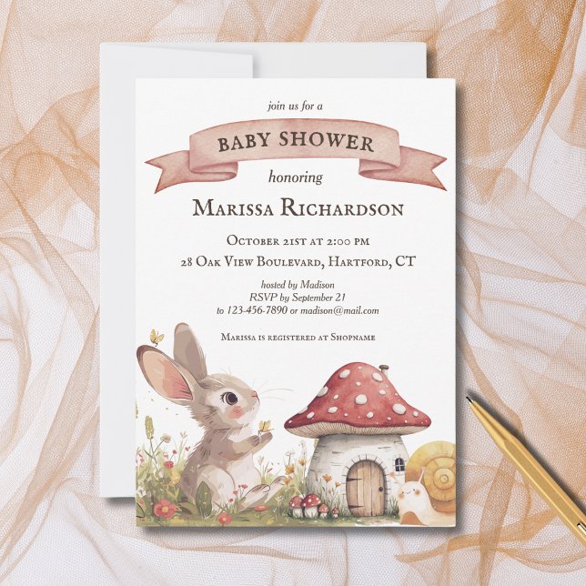 Convite Rustic Bunny Chá de fraldas (custom cute vintage rustic bunny rabbit baby shower invitation, elegant woodland and forest theme)