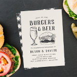 Convite Rustic Burgers & Beer Engagement Party<br><div class="desc">Casual "burgers & beer" engagement party invitations feature rustic style illustrations and a plaid backer. Perfect for summer or outdoor wedding rehearsal dinners,  these casual chic invitations are easily customized with your celebration details.</div>