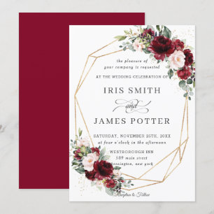 Convite Rustic Burgundy Blush Floral Casamento Geométrico