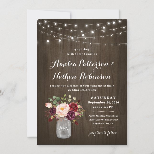 Convite Rustic Burgundy Blush Floral Mason Jar Wedding (Frente)