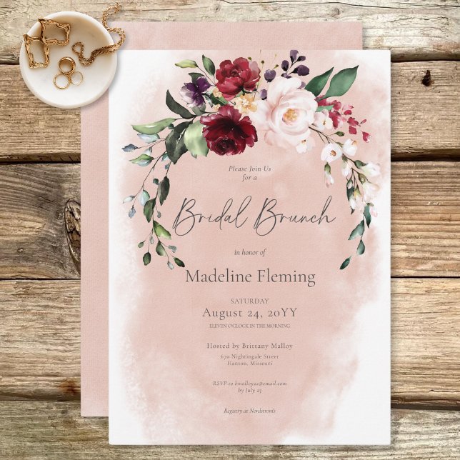 Convite Rustic Burgundy & Blush Pink Roses Bridal Brunch (Rustic Burgundy & Blush Pink Roses Bridal Brunch Invitation)