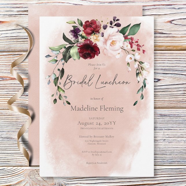 Convite Rustic Burgundy & Blush Pink Roses Bridal Luncheon (Rustic Burgundy & Blush Pink Roses Bridal Luncheon Invitation)