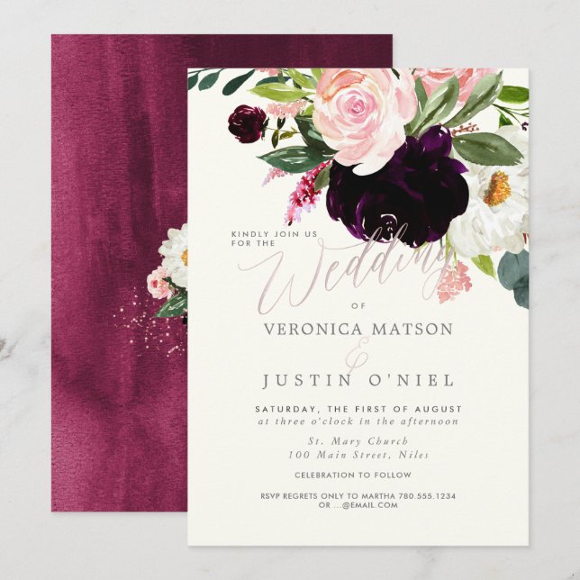 Convite Rustic Burgundy+Blush Watercolor Flowers (Frente/Verso)