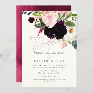 Convite Rustic Burgundy+Blush Watercolor Flowers