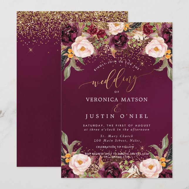 Convite Rustic Burgundy+Blush Watercolor Flowers (Frente/Verso)